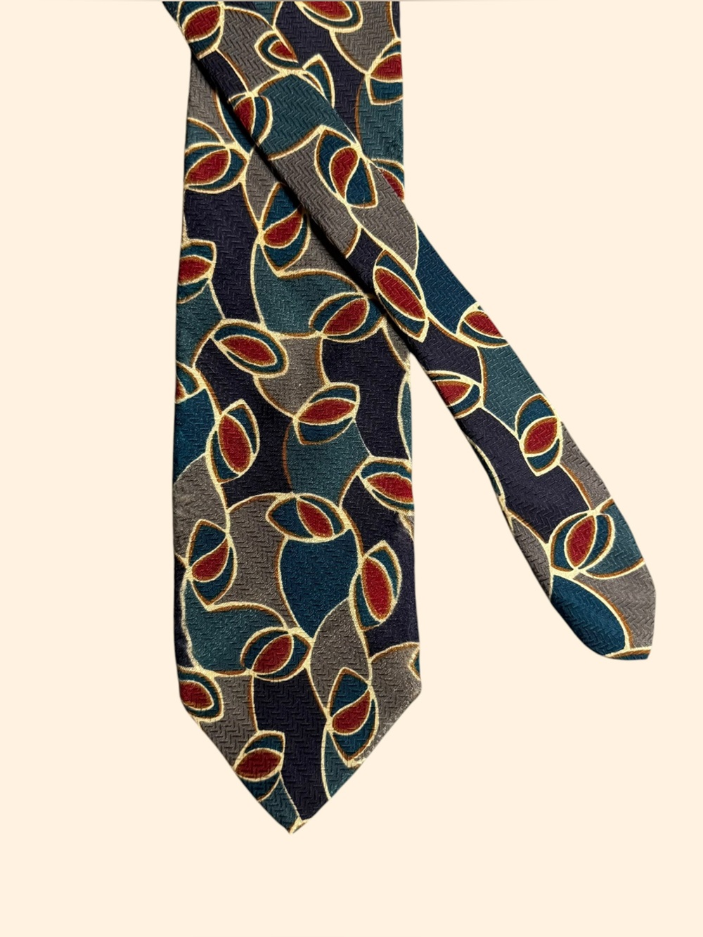 Jos A Bank Preferred Collection Tie Art Deco Abstract Floral Teal Red Gold 3.75”